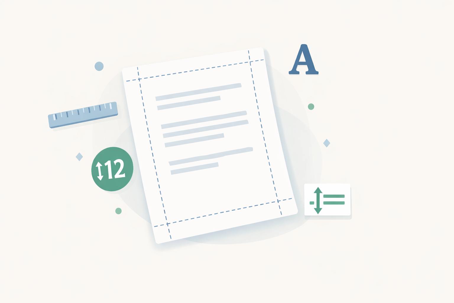 Ilustração de uma página de documento com guias visuais de margens, fonte e espaçamento sendo configurados