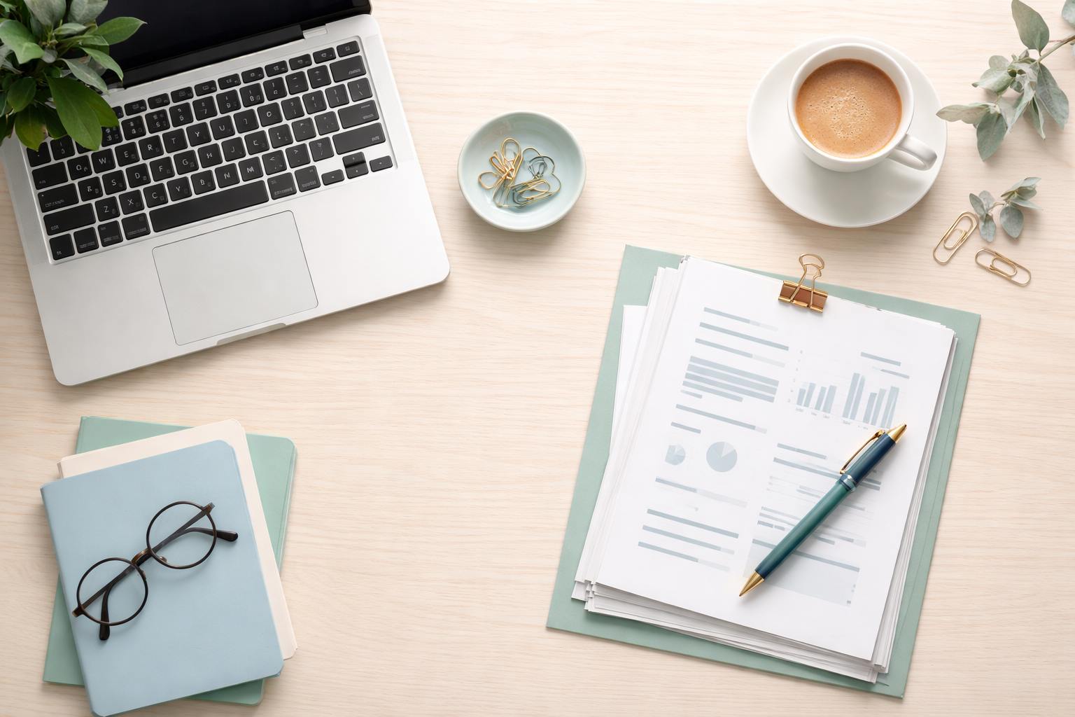 Ilustração de uma mesa de estudos organizada com documentos, passaporte e um notebook