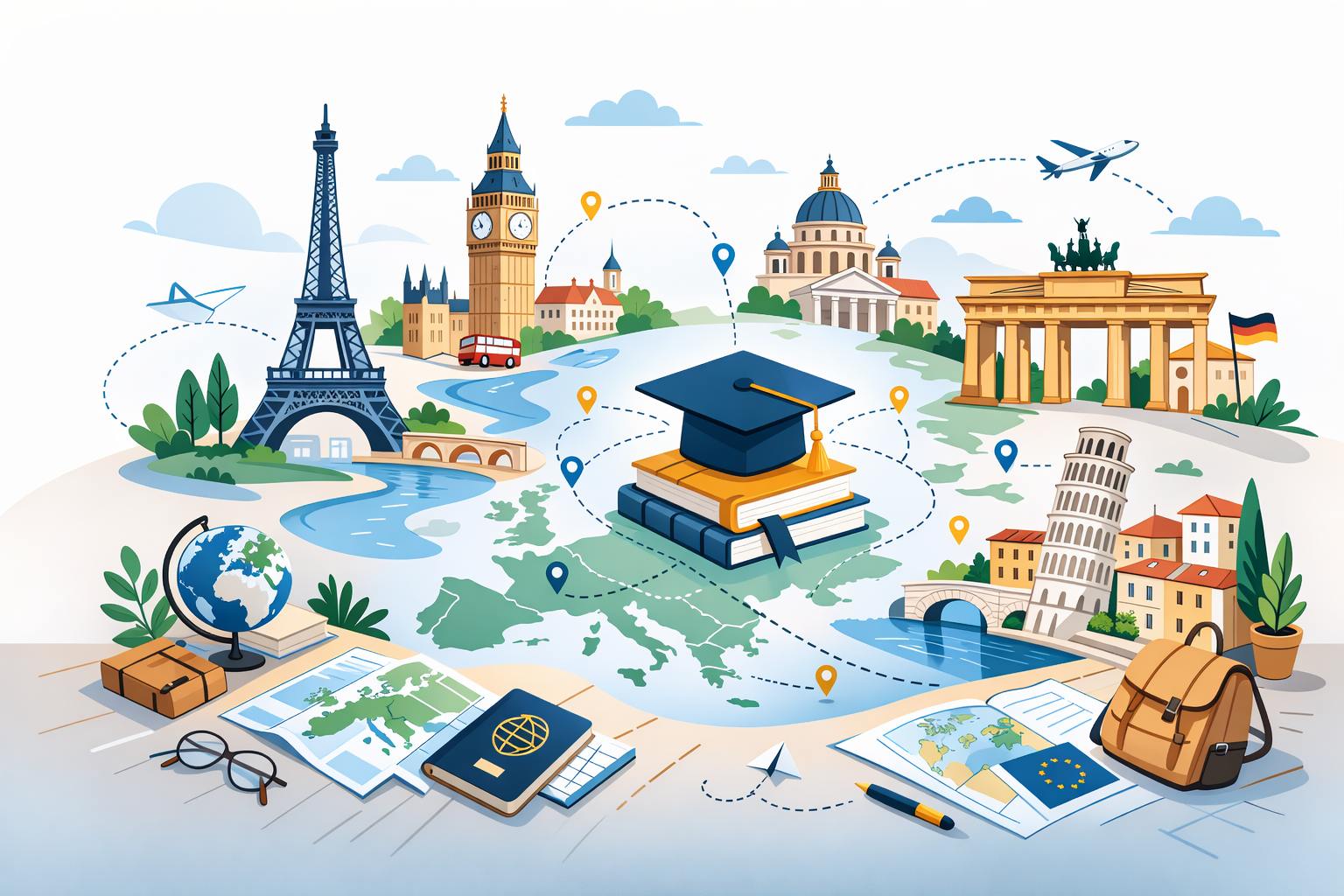 Ilustração minimalista mostrando ícones de diferentes países europeus e um diploma