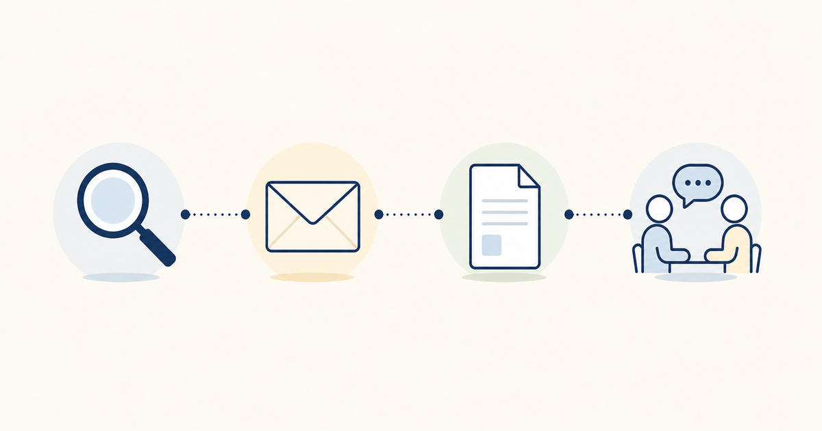 Fluxo visual minimalista mostrando passos de abordagem: pesquisa, email curto, mini-projeto, conversa e decisão