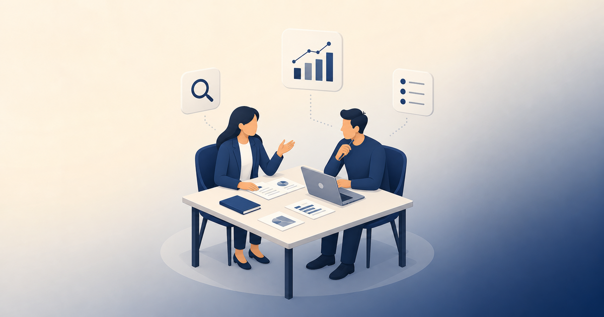 Ilustração minimalista de duas pessoas conversando com anotações e um gráfico simples, simbolizando a escolha de orientador para pós-graduação
