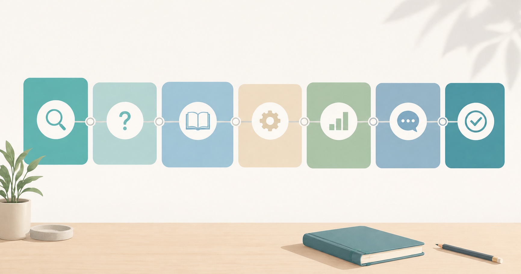 Linha do tempo horizontal mostrando a estrutura ideal de uma apresentação de defesa de TCC dividida em sete blocos: introdução, pergunta de pesquisa, referencial teórico, metodologia, resultados, discussão e conclusão