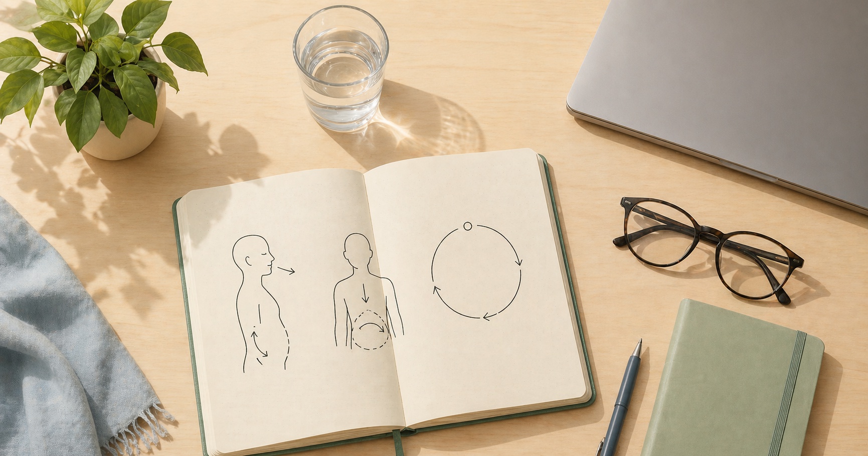 Mesa de preparação calma para defesa de TCC com caderno aberto, copo de água, planta verde e laptop fechado, transmitindo o ritual de respiração e foco antes da apresentação