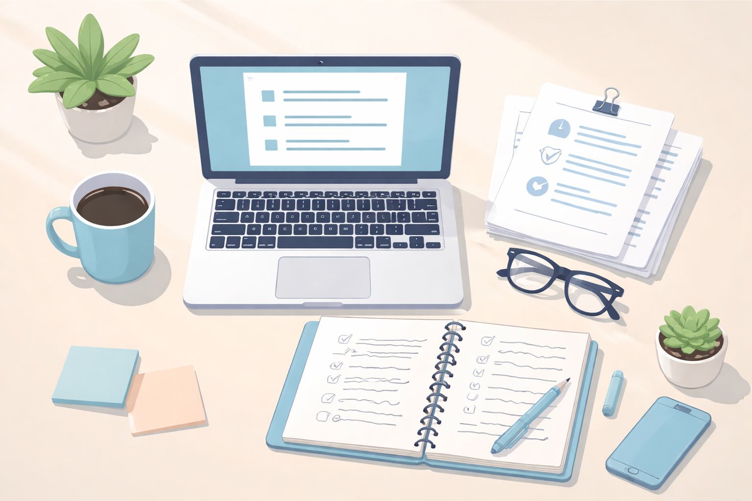 Mesa de trabalho organizada com laptop, artigos acadêmicos impressos e caderno de anotações para redação do TCC